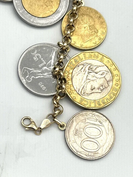 14K Italian Solid Yellow Gold Round Link 7” Lire / Lira Coin Charm Bracelet - Picture 8 of 8